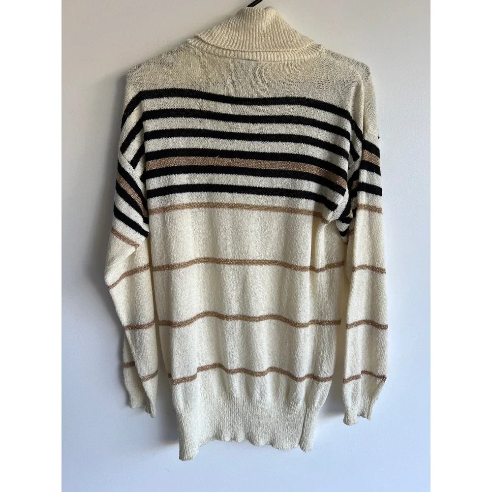 West Coast Connection Vintage Womens Striped Turtleneck Sweater Cream Gold‎ M